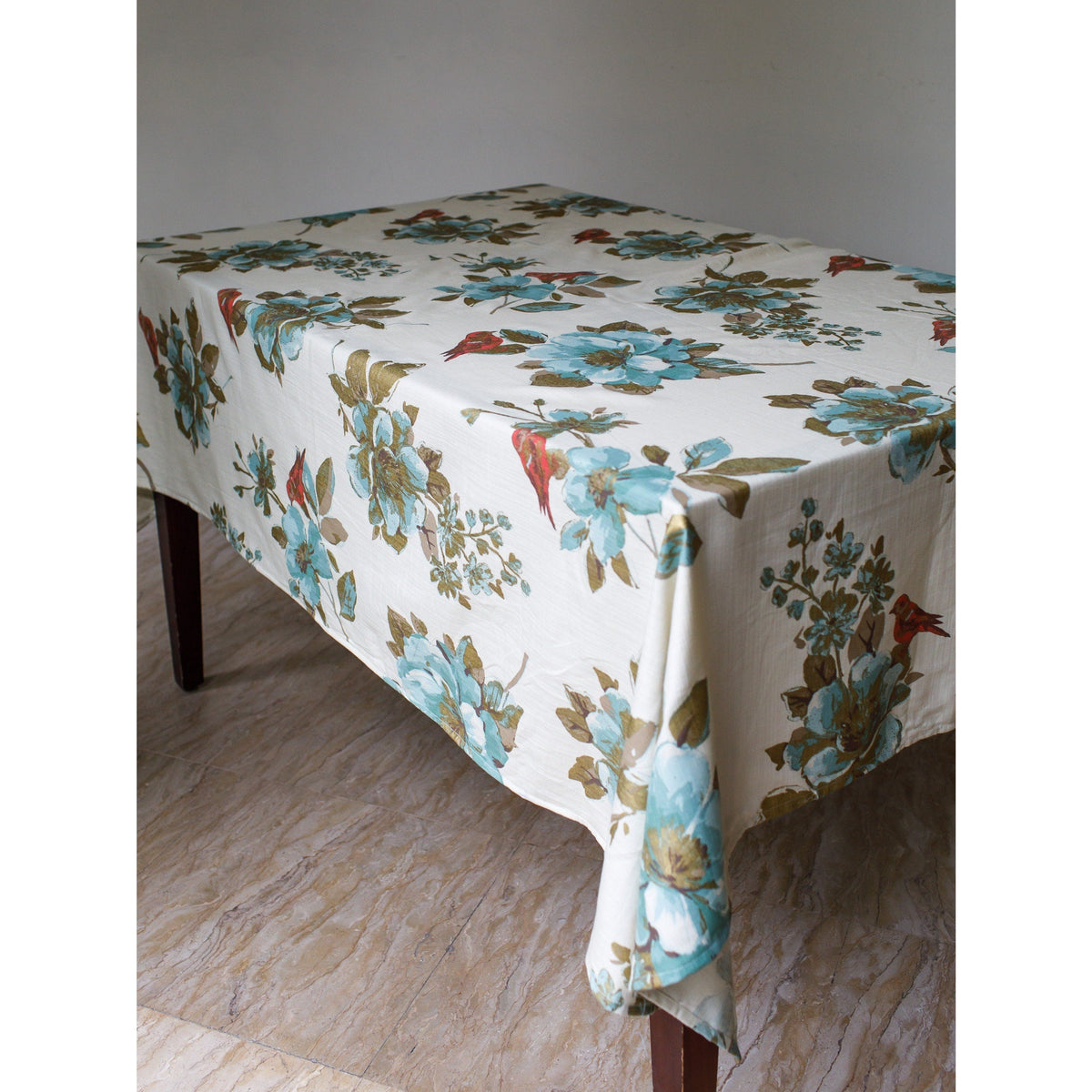 Table Cloth - Birds & Floral patterned Cotton on cream-white