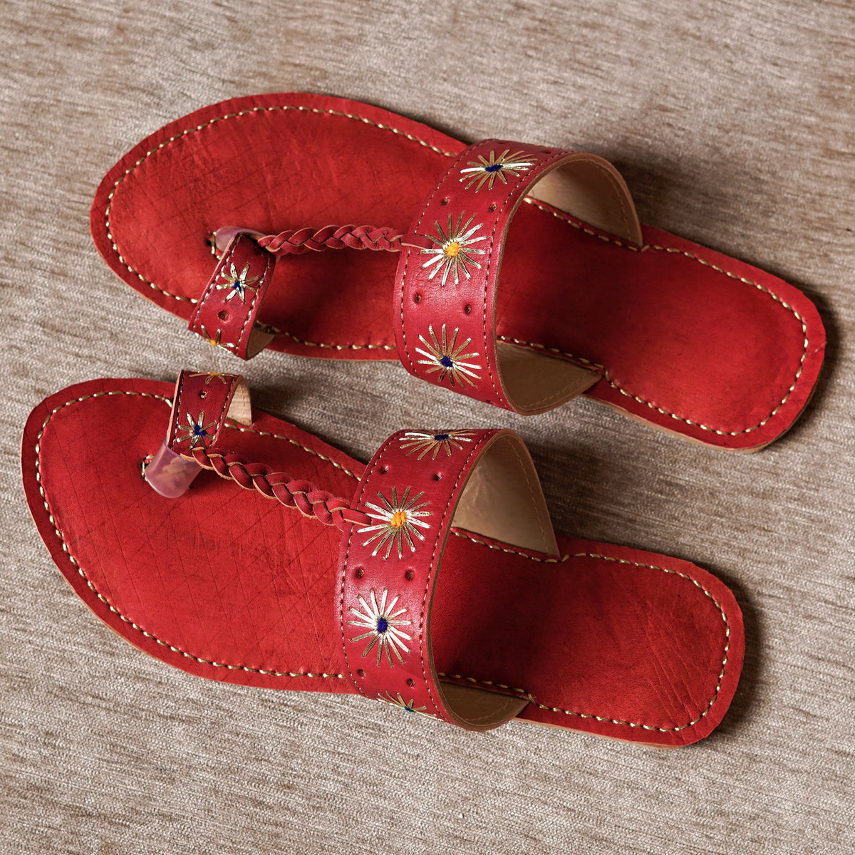 Leather Kolapuri Sandals - Red with Gold Straps