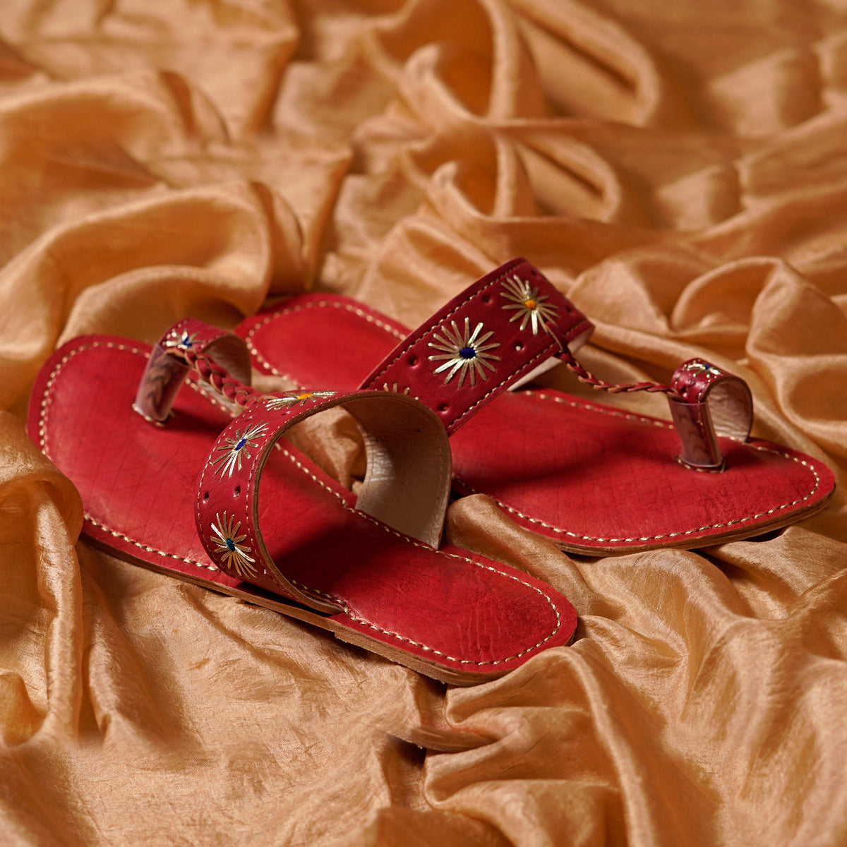 Leather Kolapuri Sandals - Red with Gold Straps