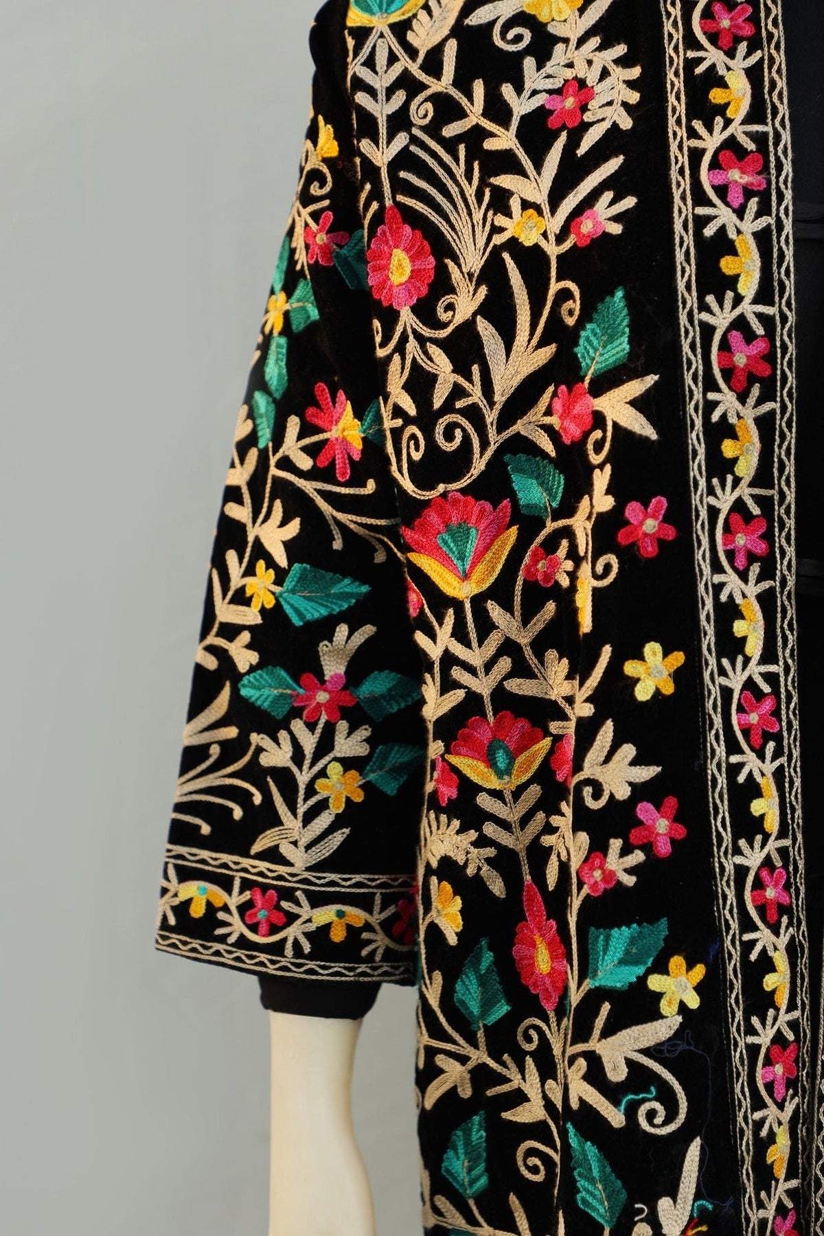 Velvet Front Open Jacket - Black with Colored Embroidery