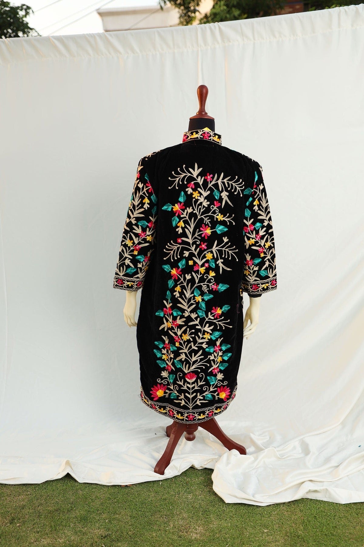 Velvet Front Open Jacket - Black with Colored Embroidery