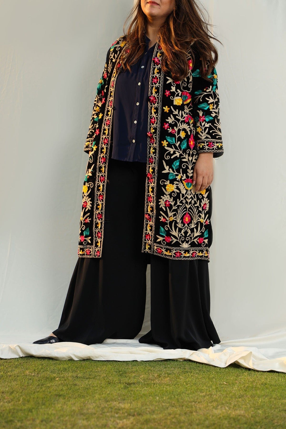 Velvet Front Open Jacket - Black with Colored Embroidery