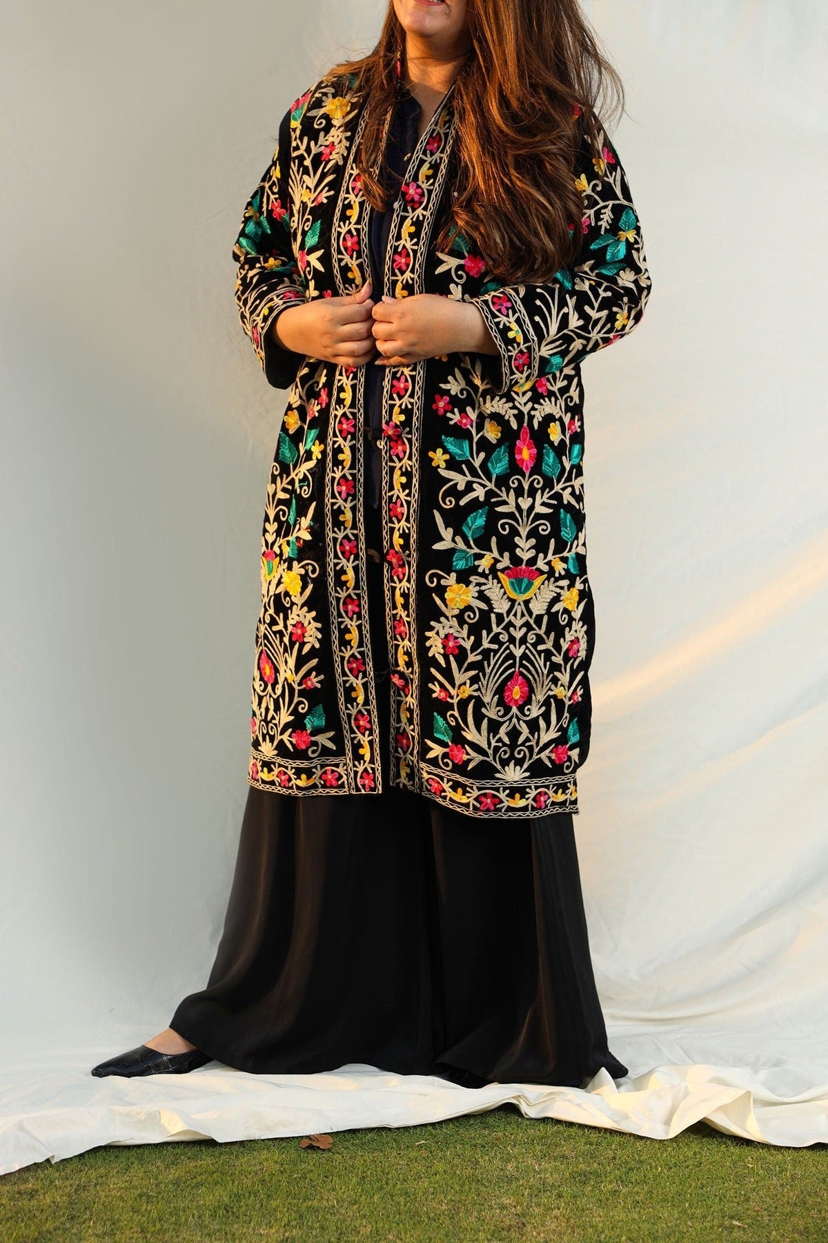 Velvet Front Open Jacket - Black with Colored Embroidery