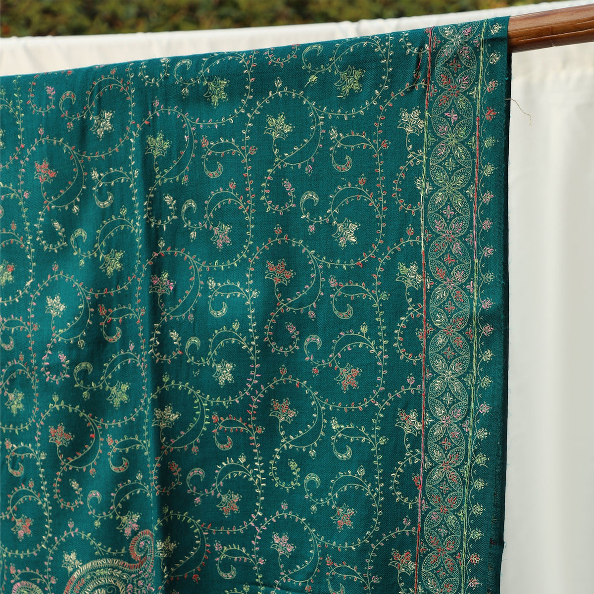 Pashmina Wool Shawl - Turquoise with Aari Embroidery