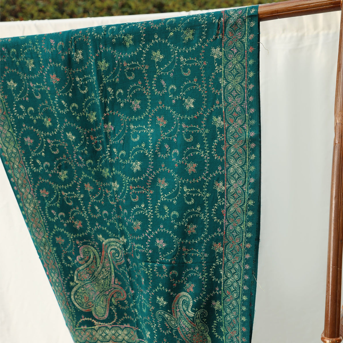 Pashmina Wool Shawl - Turquoise with Aari Embroidery