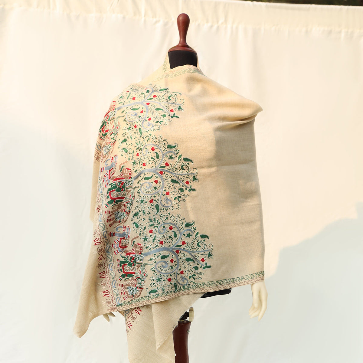 Pashmina Wool Shawl - Beige with Multicolored Elephant Embroidery