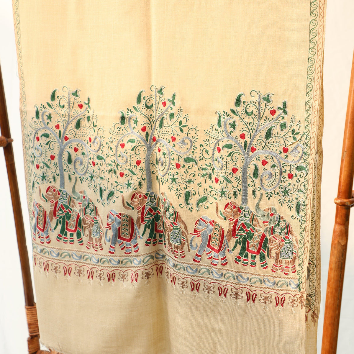 Pashmina Wool Shawl - Beige with Multicolored Elephant Embroidery