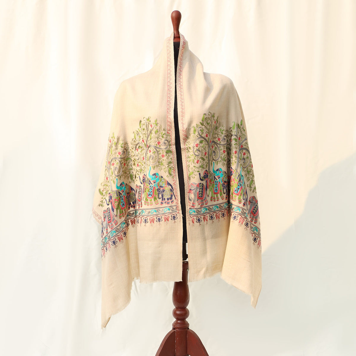 Pashmina Wool Shawl - Beige with Multicolored Elephant Embroidery