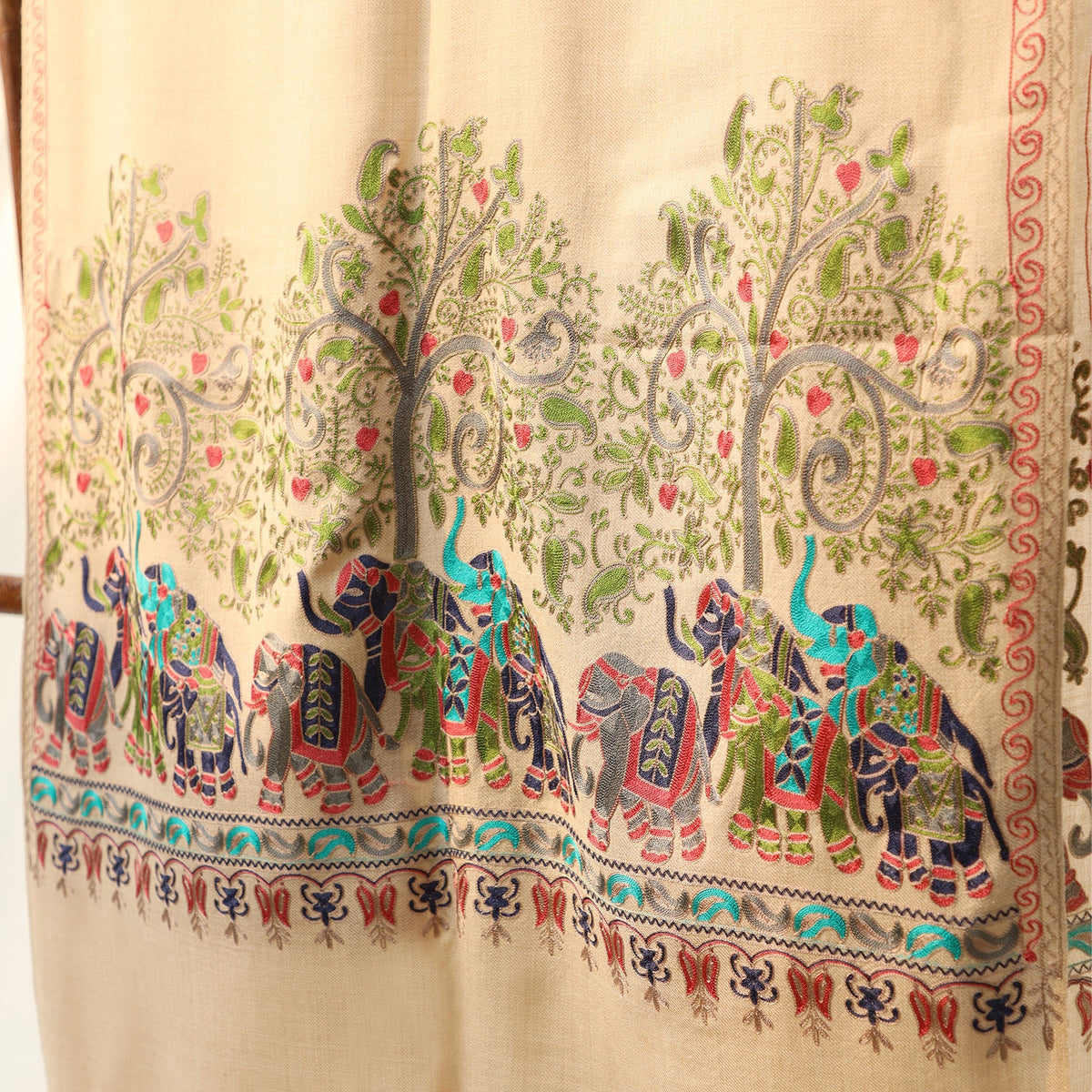 Pashmina Wool Shawl - Beige with Multicolored Elephant Embroidery