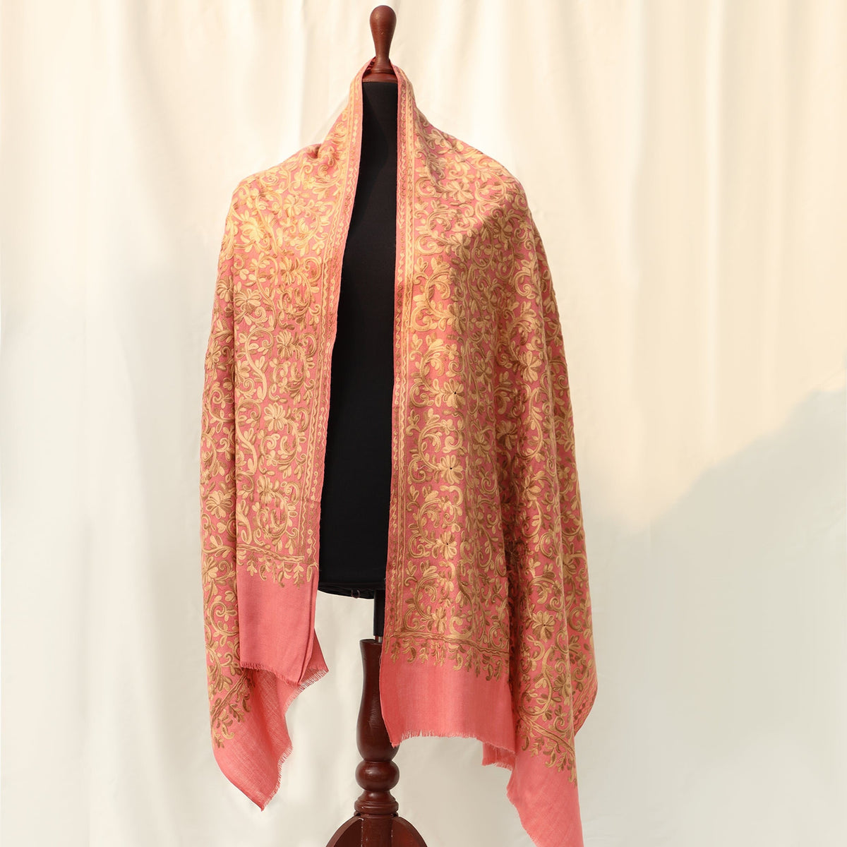 Pashmina Wool Shawl - Pink/Beige with Champagne/Blue colored Embroidery