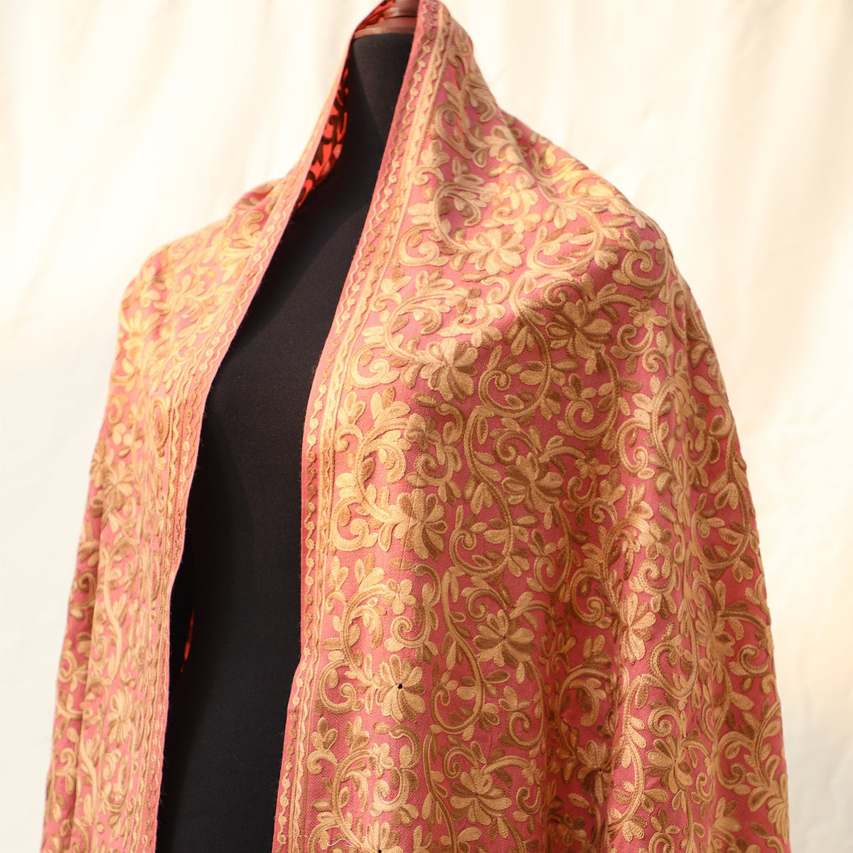 Pashmina Wool Shawl - Pink/Beige with Champagne/Blue colored Embroidery