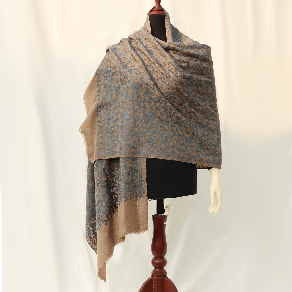 Pashmina Wool Shawl - Pink/Beige with Champagne/Blue colored Embroidery