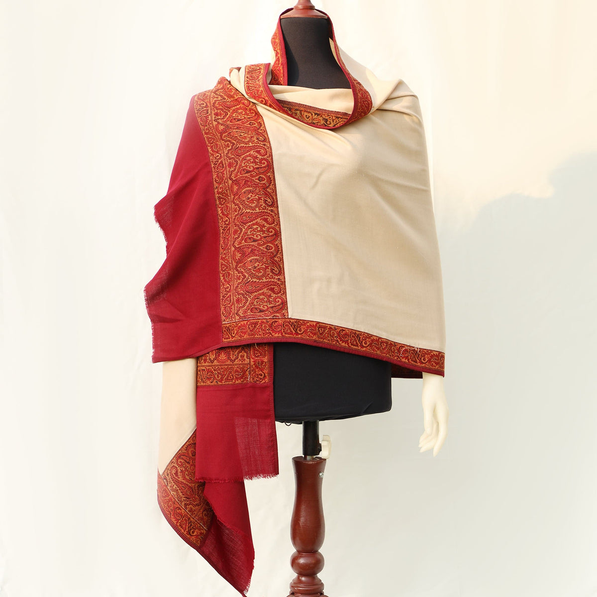 Pashmina Wool Shawl - Solid Base color with Maroon Bordered embroidery