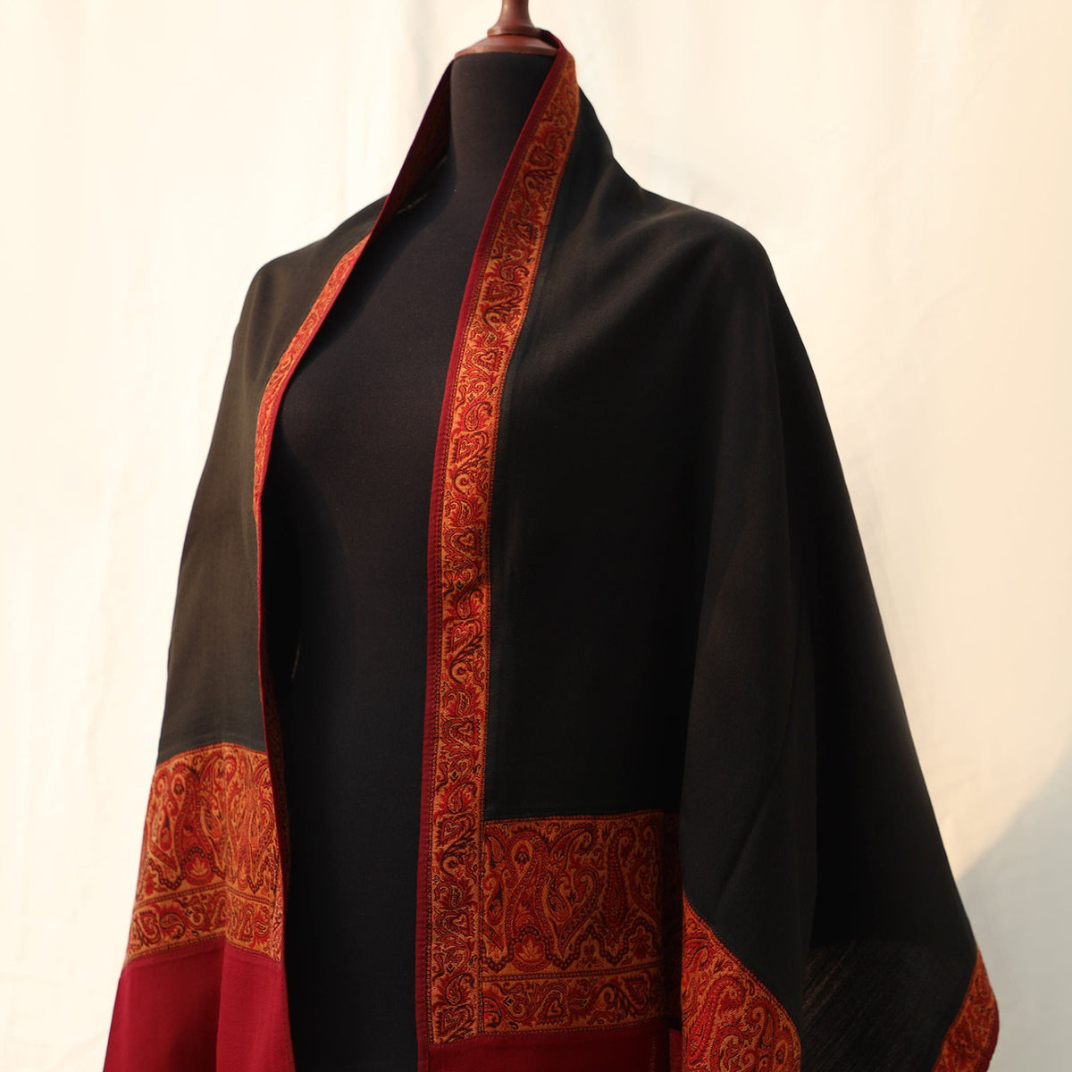 Pashmina Wool Shawl - Solid Base color with Maroon Bordered embroidery