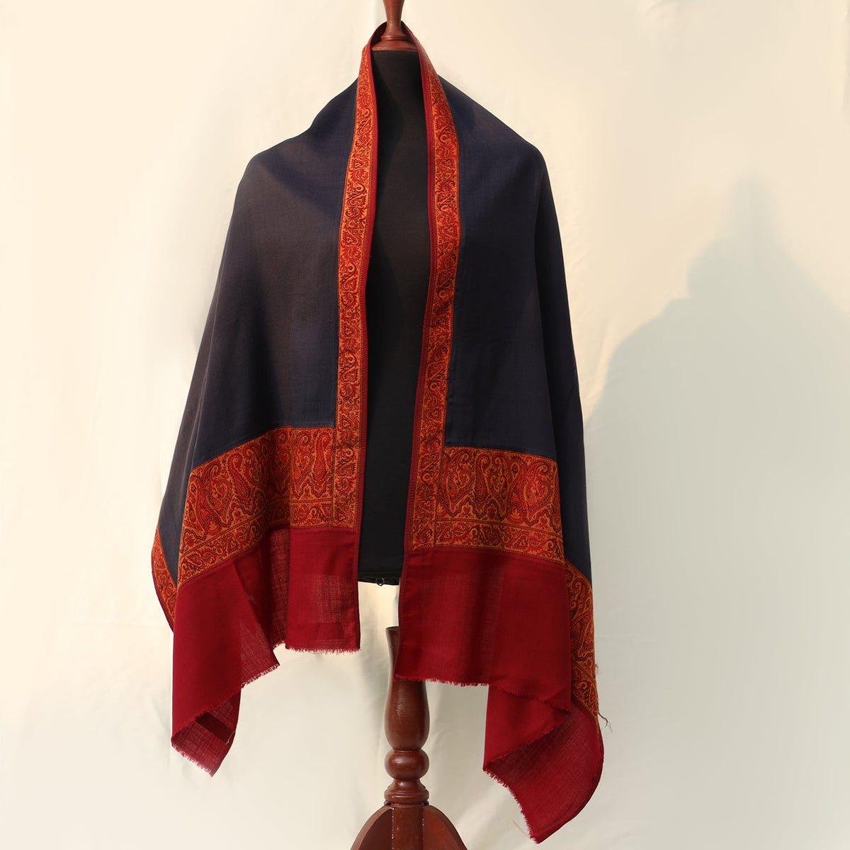 Pashmina Wool Shawl - Solid Base color with Maroon Bordered embroidery