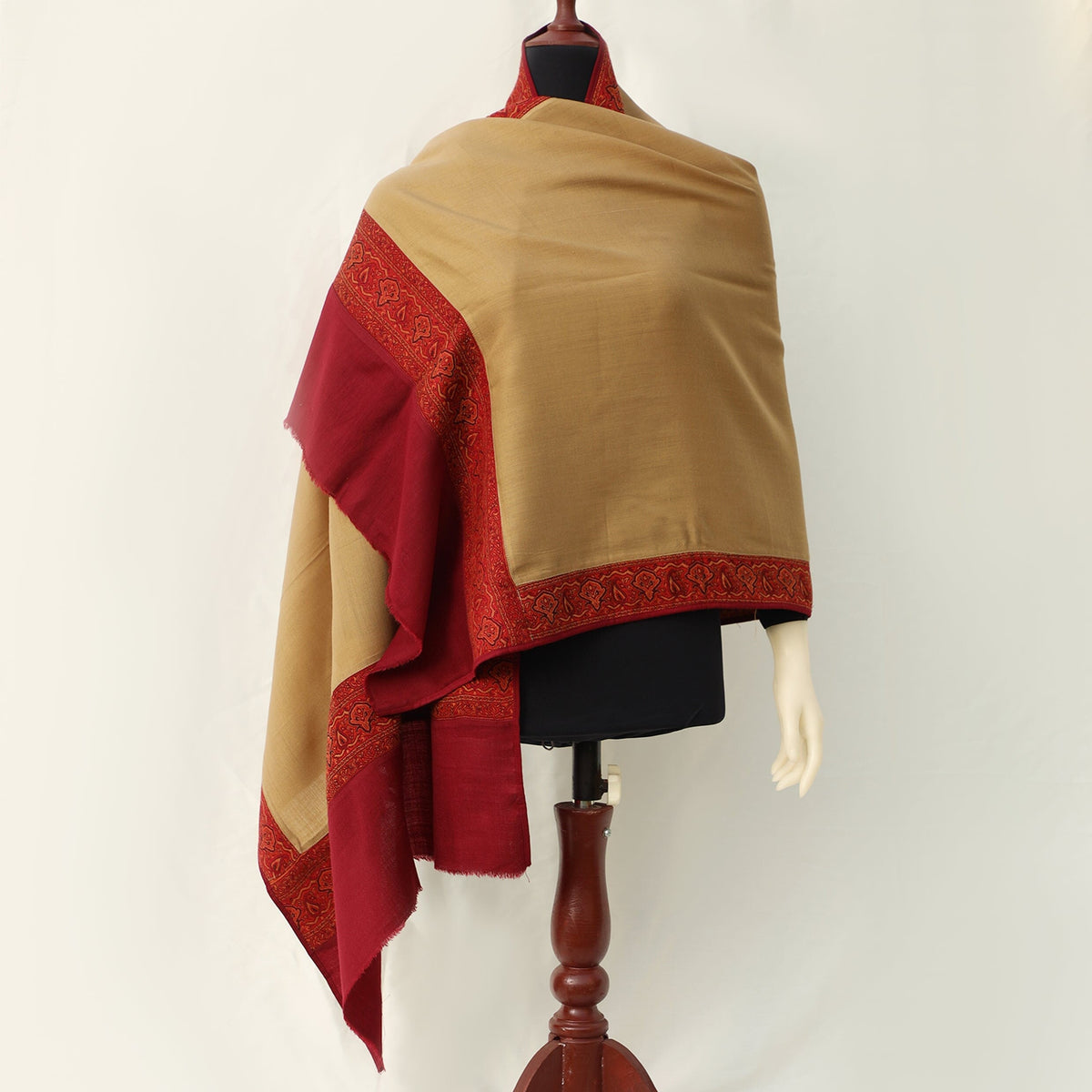 Pashmina Wool Shawl - Brown with Maroon Fine Embroidery