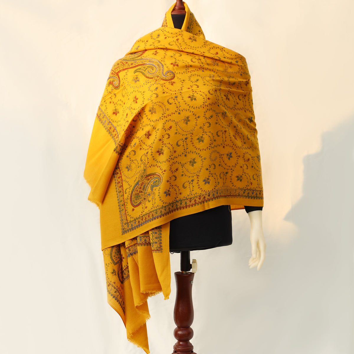 Mixed Wool Shawl - Bright Mustard with Multicolored Full Embroidery