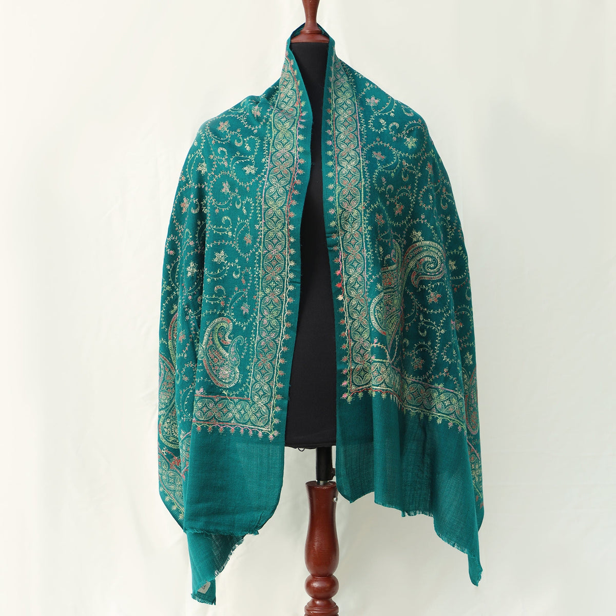 Pashmina Wool Shawl - Turquoise with Aari Embroidery