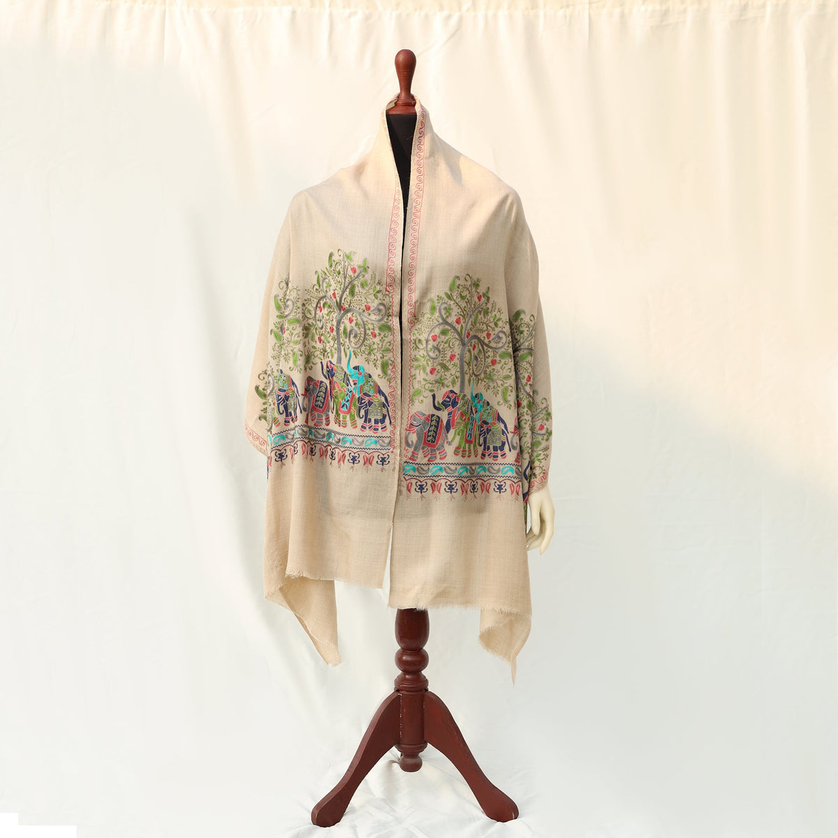 Pashmina Wool Shawl - Beige with Multicolored Elephant Embroidery