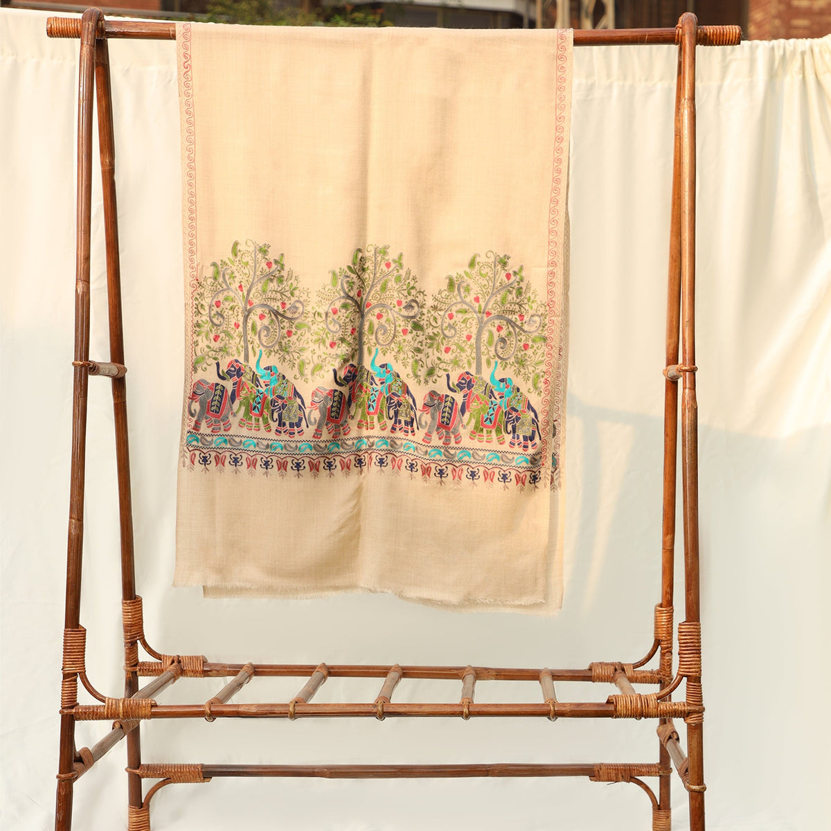 Pashmina Wool Shawl - Beige with Multicolored Elephant Embroidery