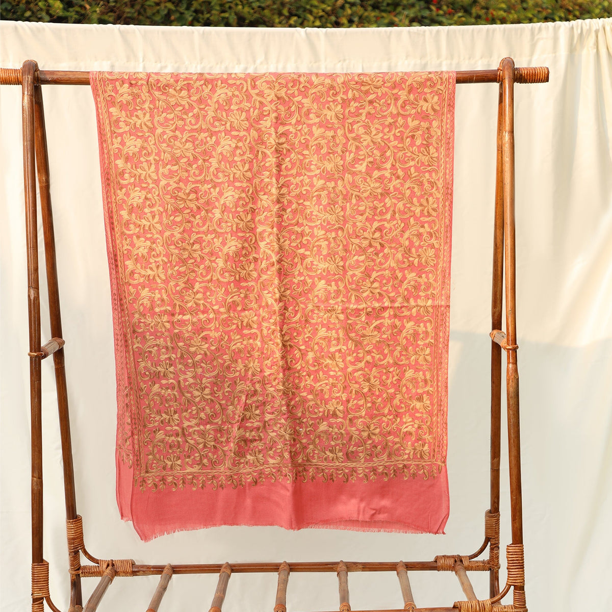 Pashmina Wool Shawl - Pink/Beige with Champagne/Blue colored Embroidery