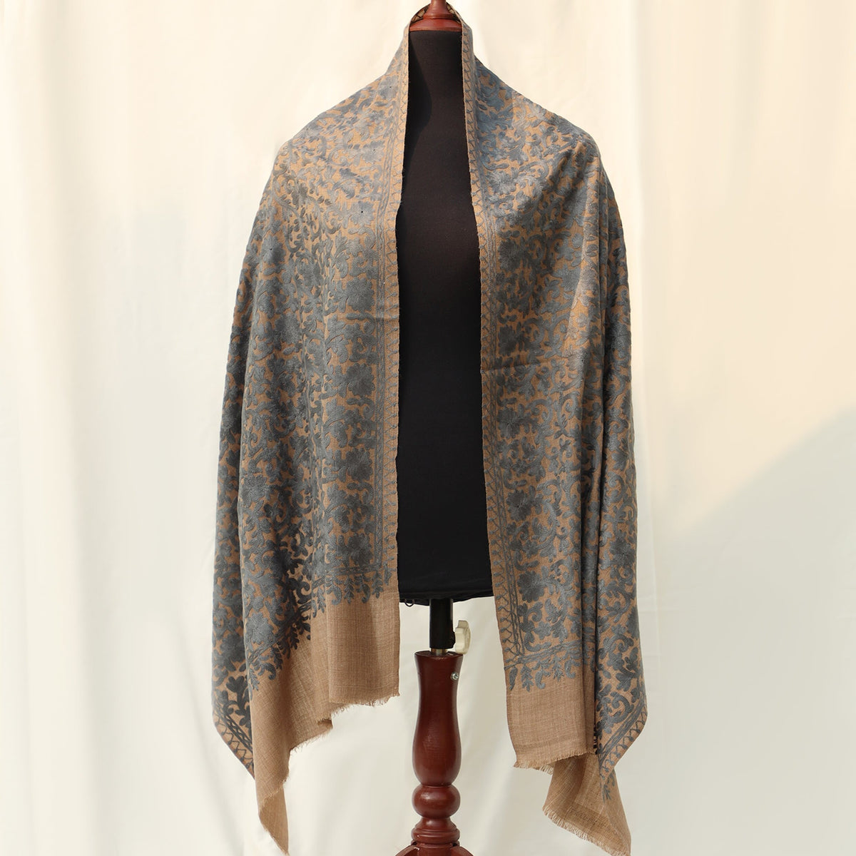 Pashmina Wool Shawl - Pink/Beige with Champagne/Blue colored Embroidery