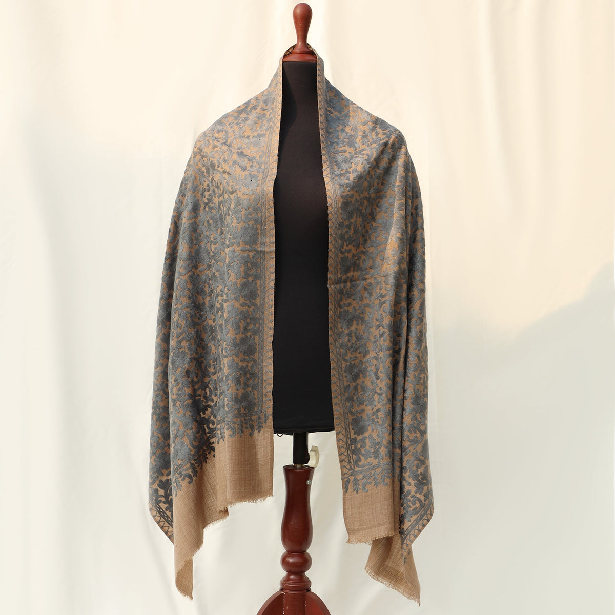 Pashmina Wool Shawl - Pink/Beige with Champagne/Blue colored Embroidery