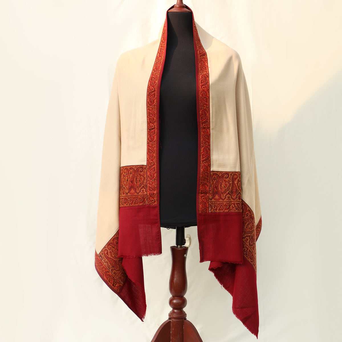 Pashmina Wool Shawl - Solid Base color with Maroon Bordered embroidery