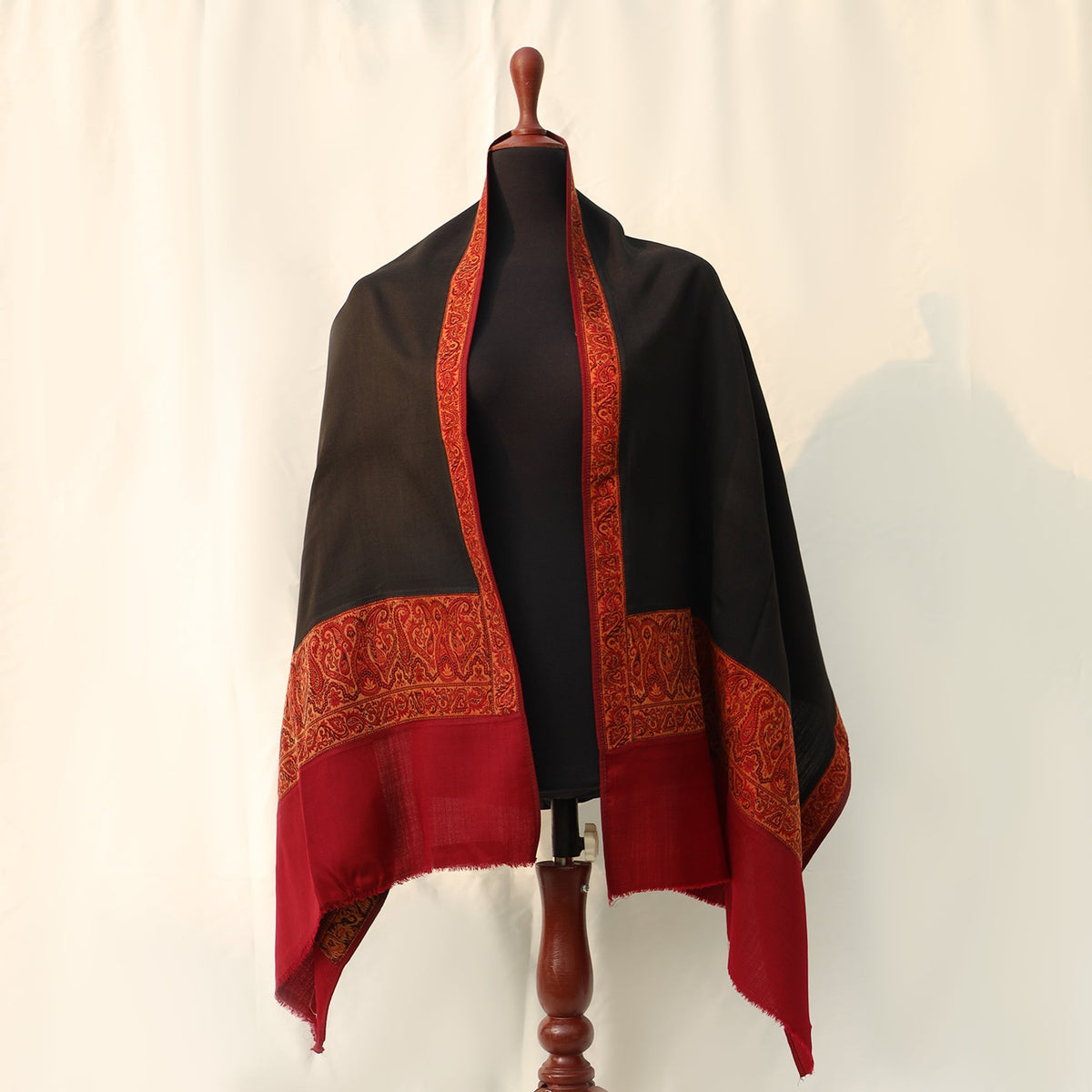 Pashmina Wool Shawl - Solid Base color with Maroon Bordered embroidery