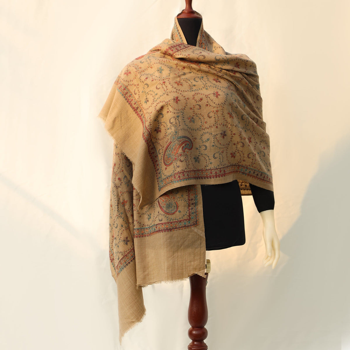 Mixed Wool Shawl - Beige with Multicolored Embroidery