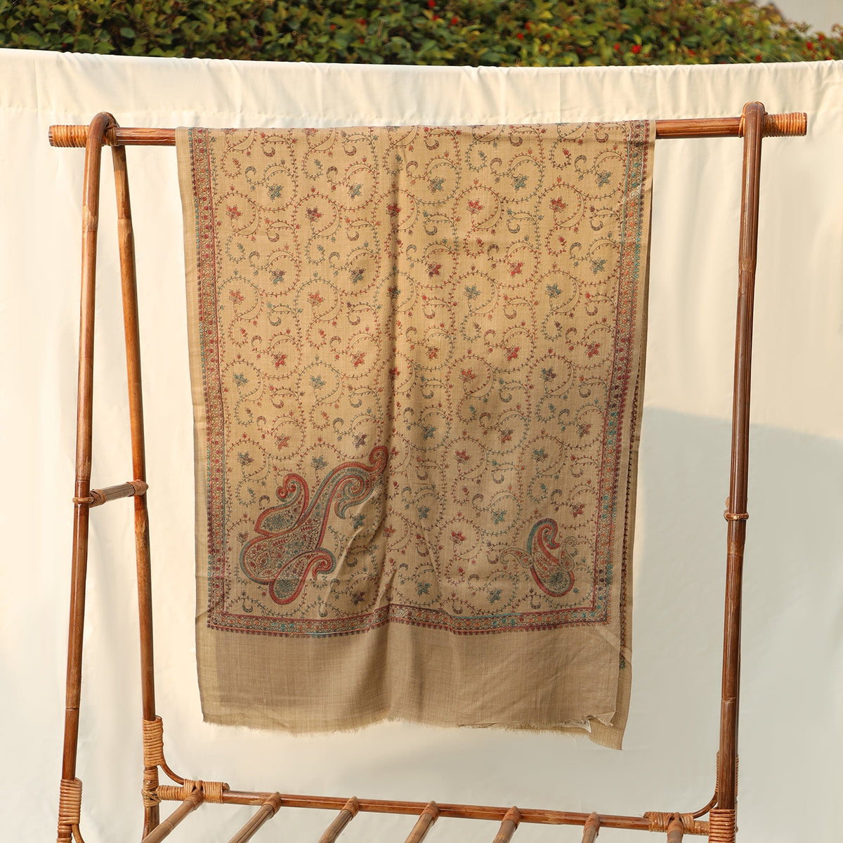 Mixed Wool Shawl - Beige with Multicolored Embroidery