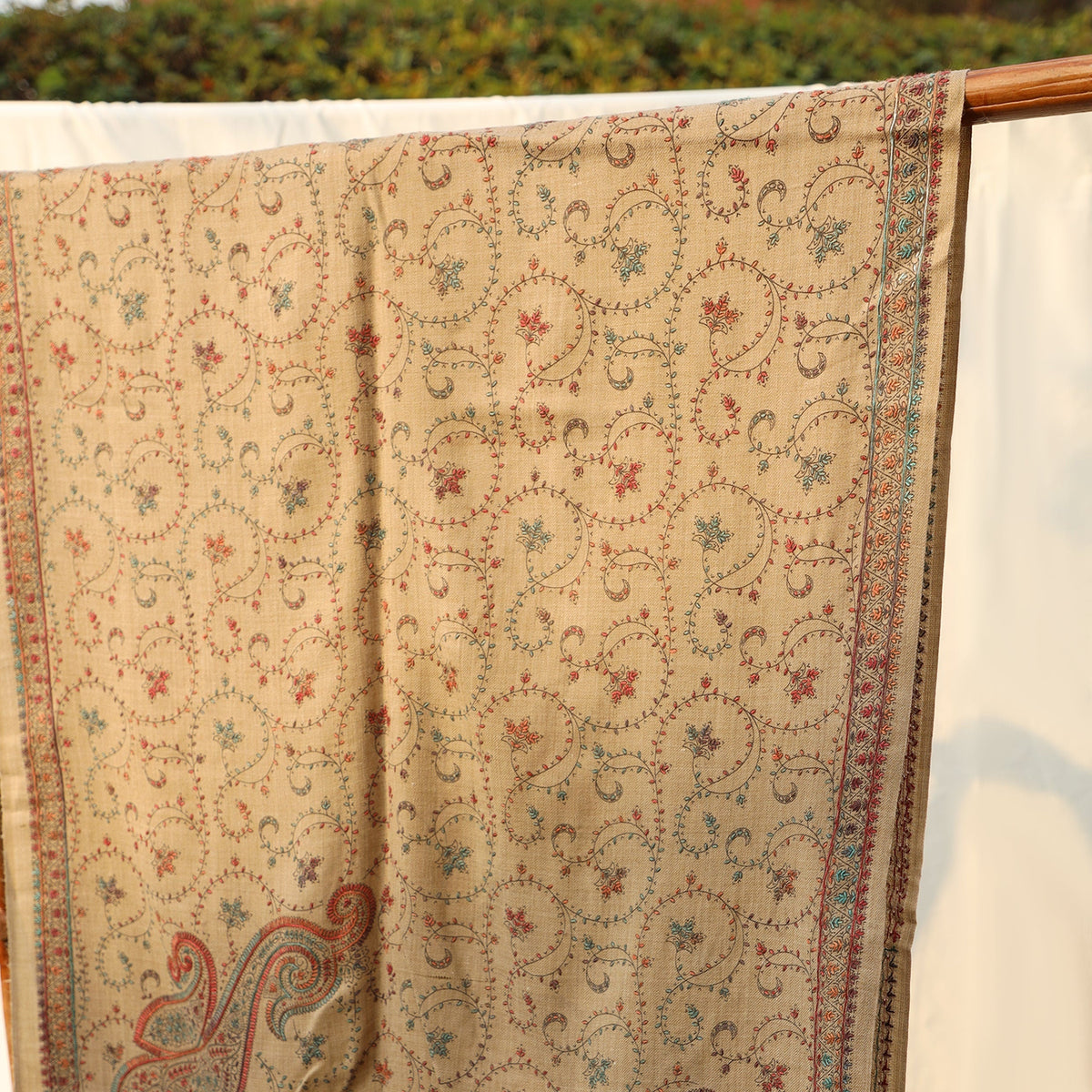 Mixed Wool Shawl - Beige with Multicolored Embroidery