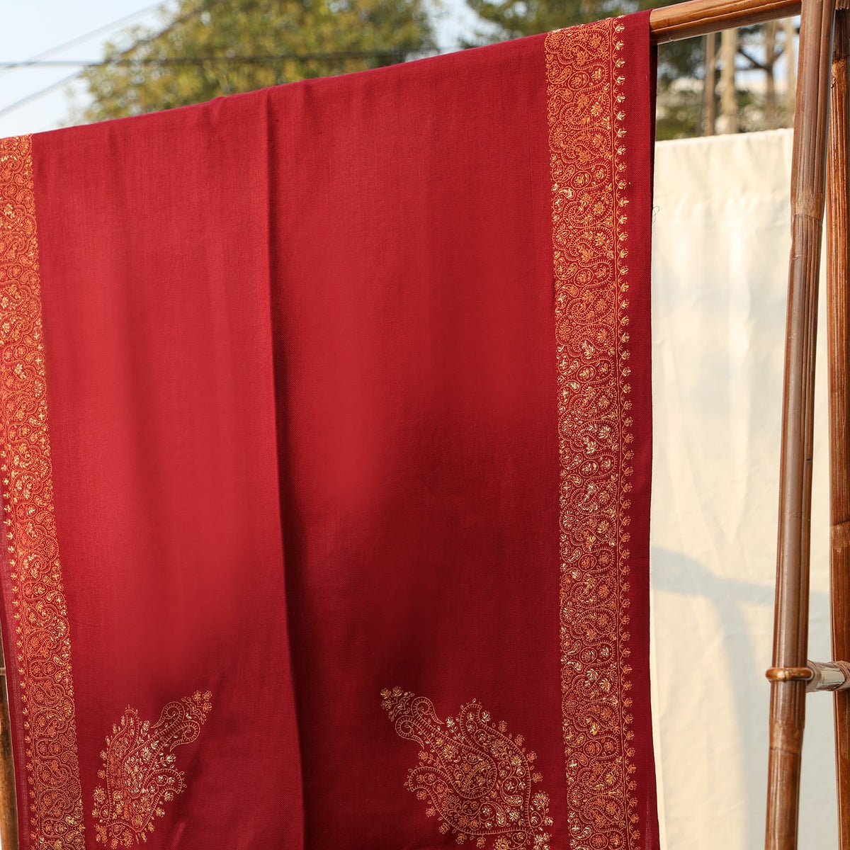 Mixed Wool Shawl - Maroon with Rust Hand Embroidery