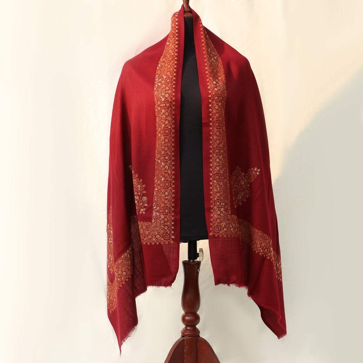 Mixed Wool Shawl - Maroon with Rust Hand Embroidery