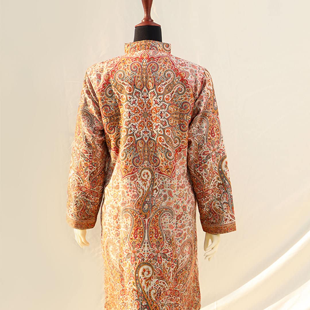 Hand Woven embroidered light beige base Kani Pashmina long coat front-open jacket; Pure pashmina hand woven all across; motif on back;Super