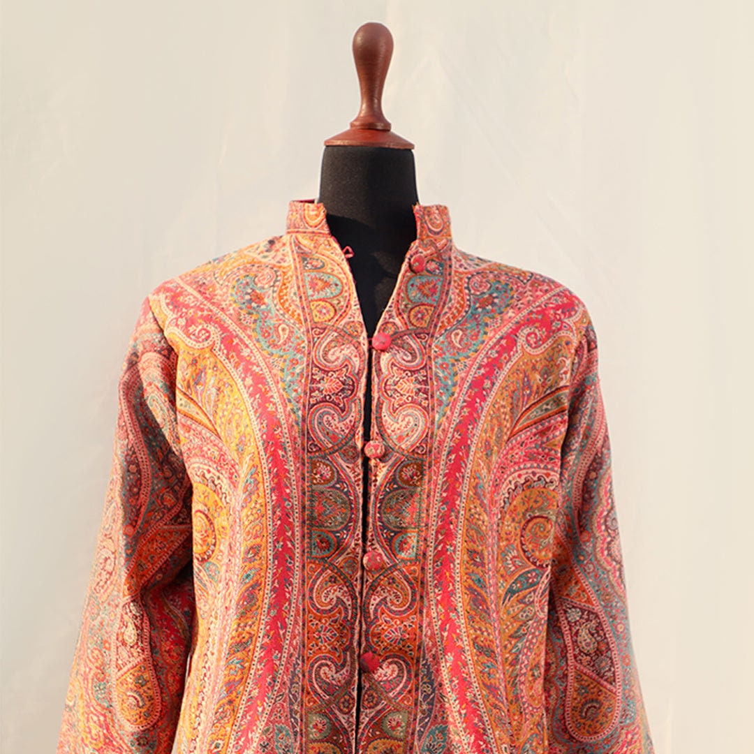 Hand Woven embroidered multiple pink shades base Pashmina long coat front-open jacket; Pure pashmina hand woven all across; motif on back;Su