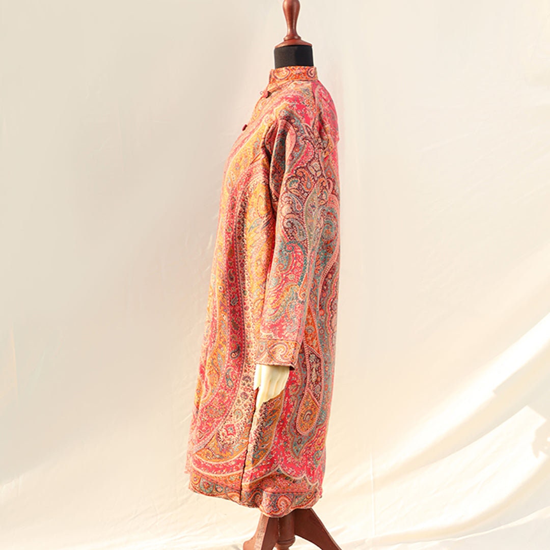 Hand Woven embroidered multiple pink shades base Pashmina long coat front-open jacket; Pure pashmina hand woven all across; motif on back;Su