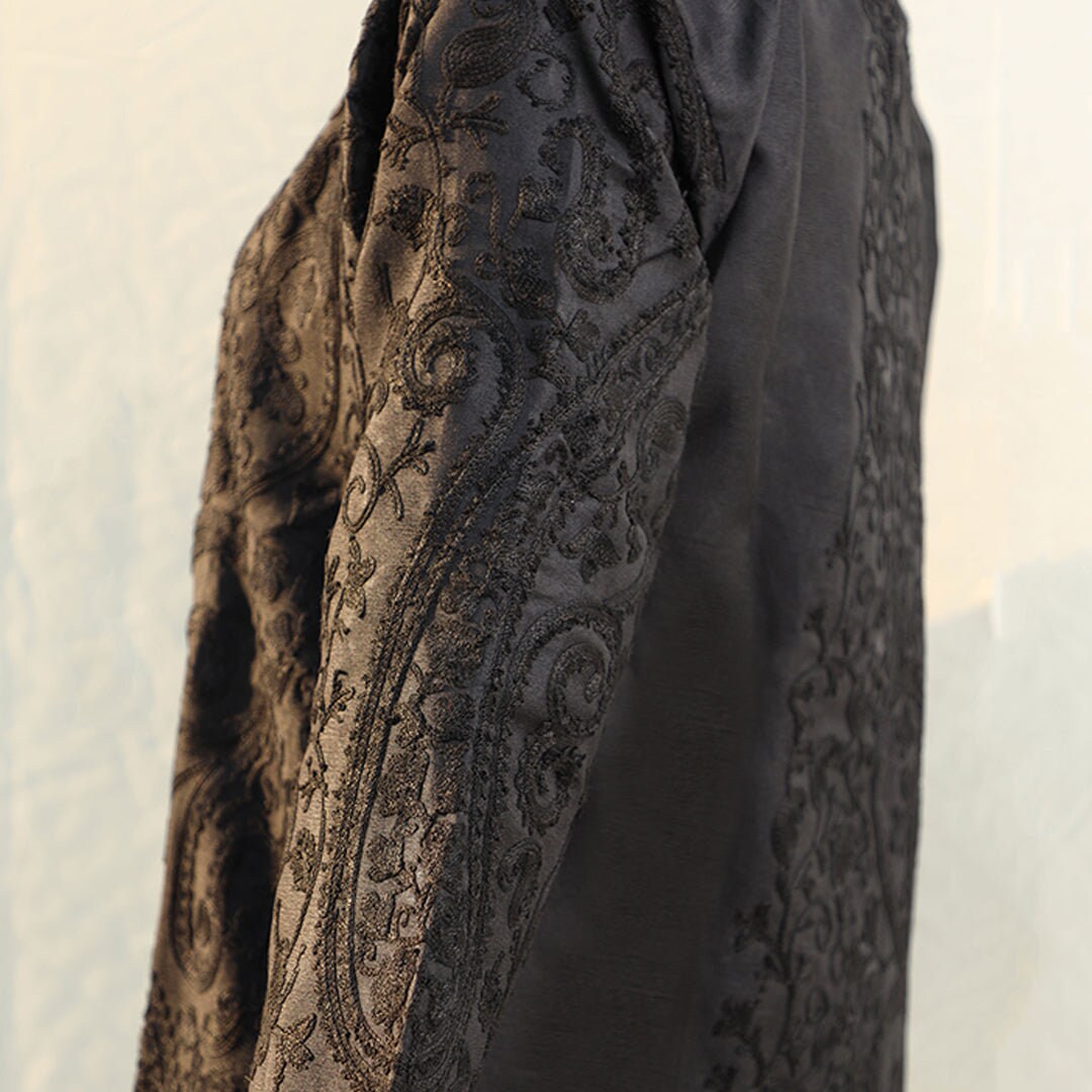 Raw Silk coat black on black embroidery; Detailed threadwork over high quality Kashmiri raw silk; Formal/Semi-casual wear womens coat