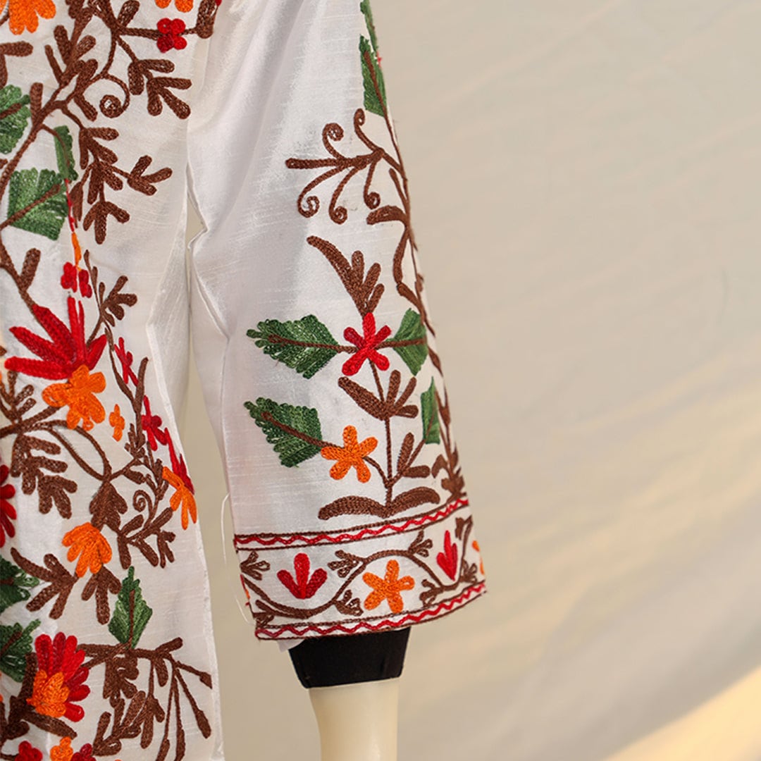 Raw Silk White coat with multi-colored Aari Kashmiri embroidery; Front open jacket; Detailed threadwork over high quality Kashmiri raw silk;