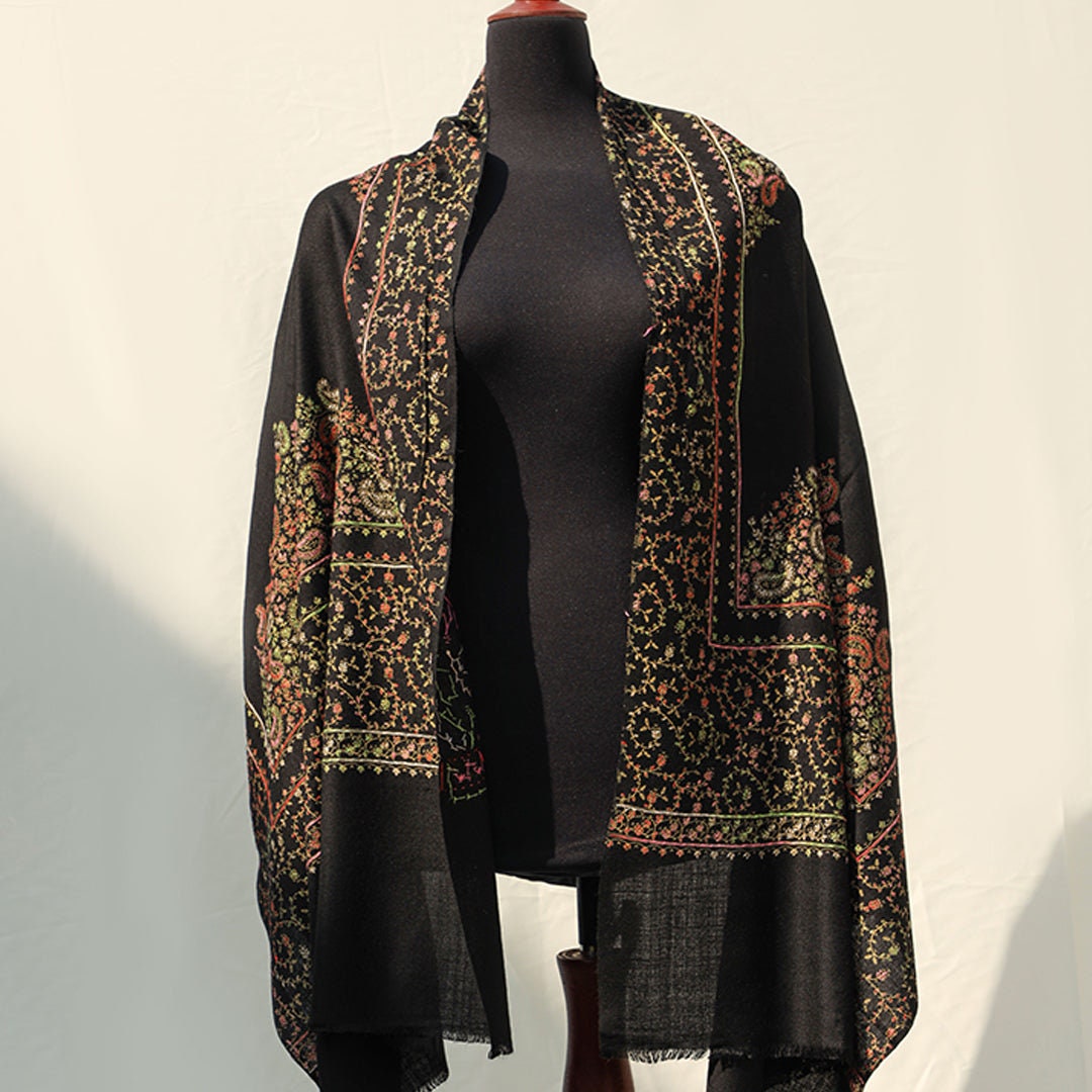 Black or Blue base pashmina shawl with intricate mini-paisley hand embroidery in subtle multiple colors; Handwork Pashmina shawl from Kashmi