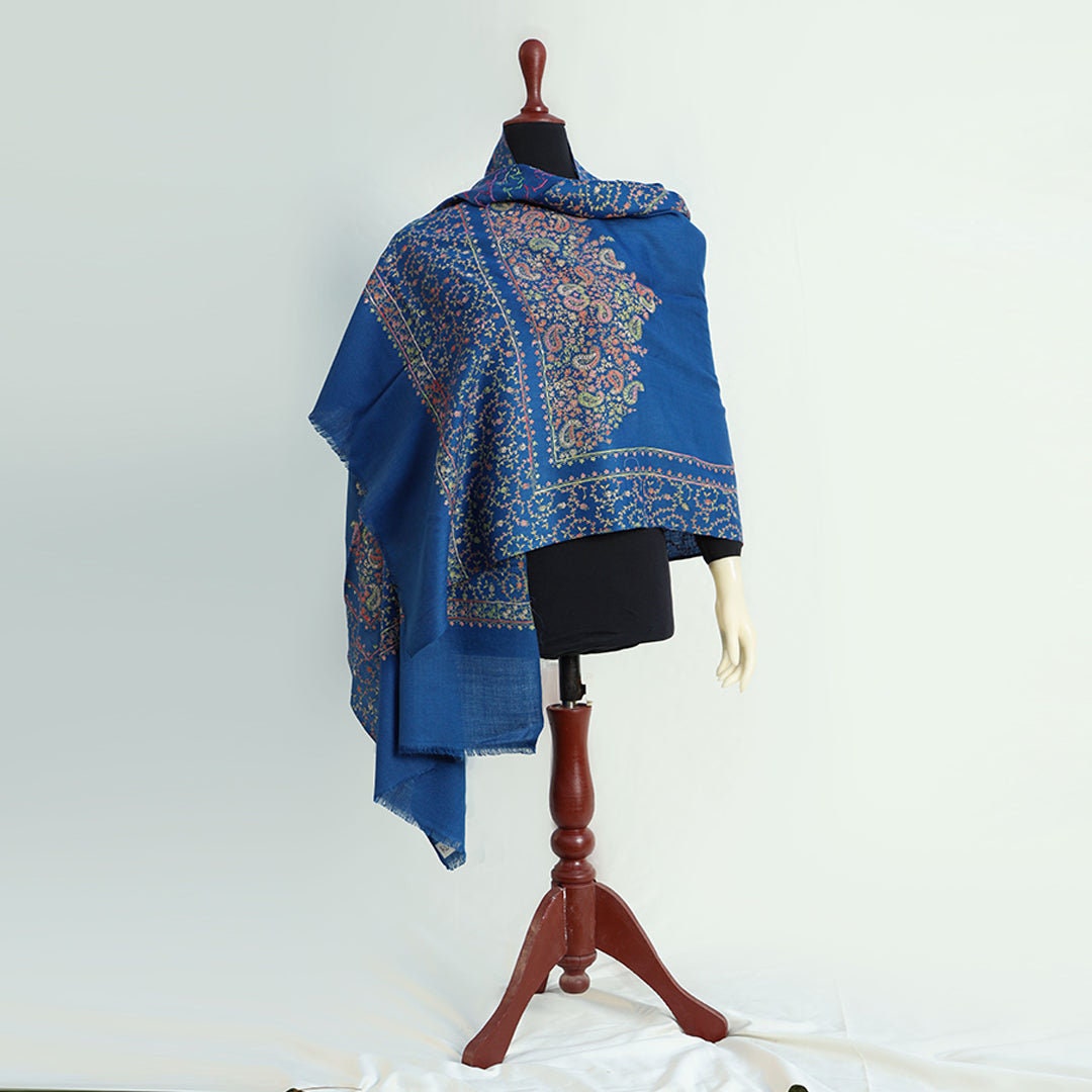 Black or Blue base pashmina shawl with intricate mini-paisley hand embroidery in subtle multiple colors; Handwork Pashmina shawl from Kashmi