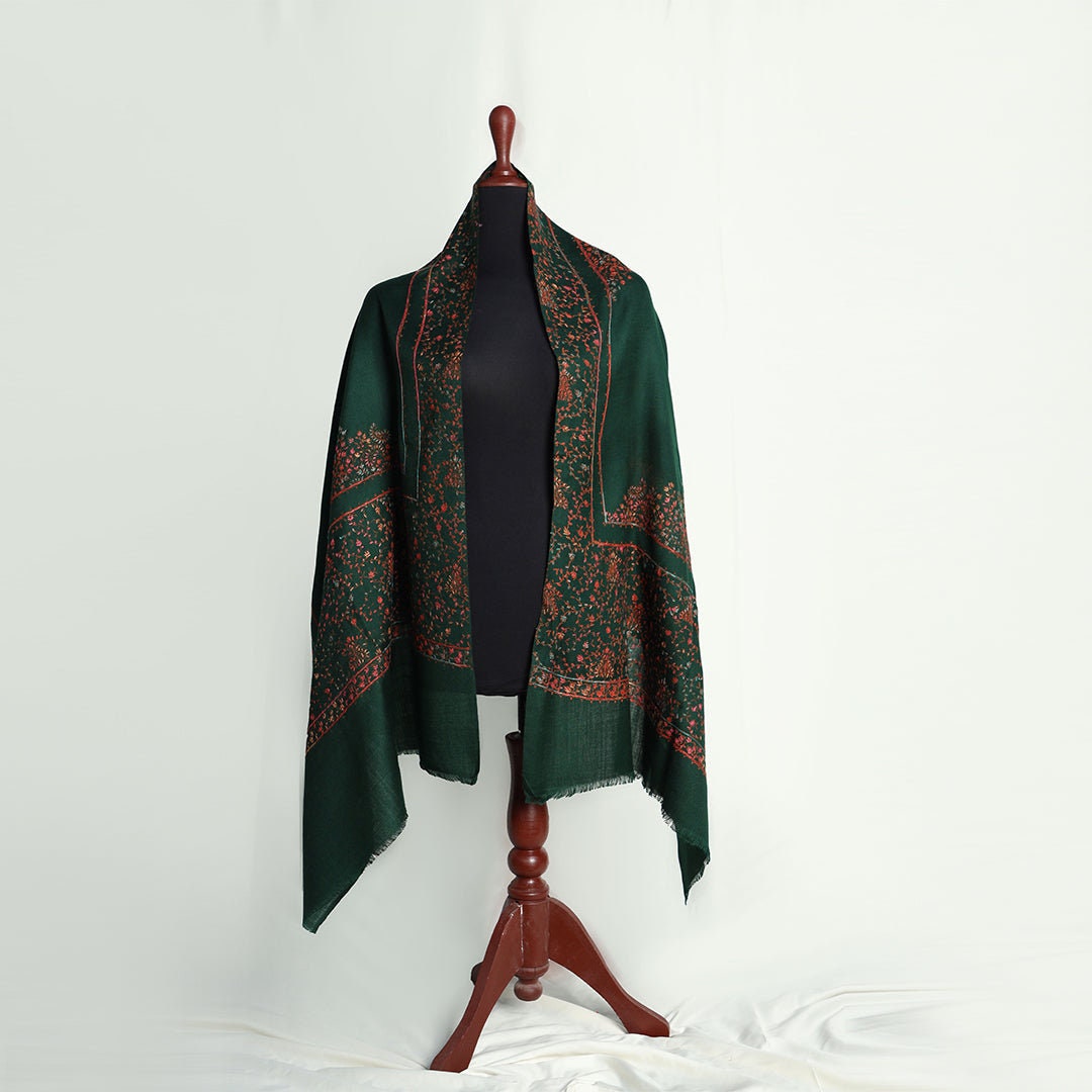 Dark Green or Blue base pashmina shawl with extremely fine hand embroidered art-work; Crafty needlework on pashmina wool from Kashmir extrem