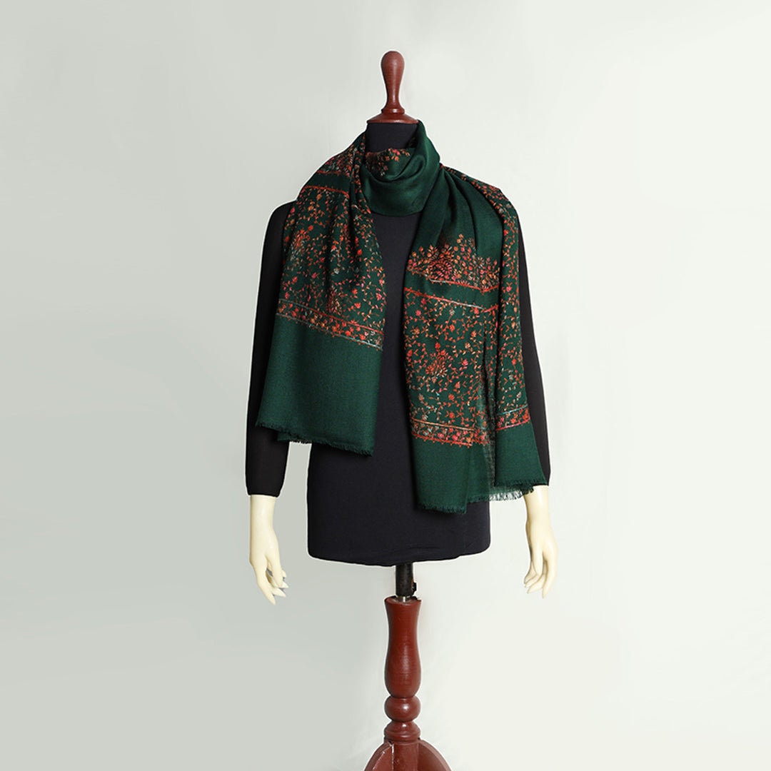 Dark Green or Blue base pashmina shawl with extremely fine hand embroidered art-work; Crafty needlework on pashmina wool from Kashmir extrem