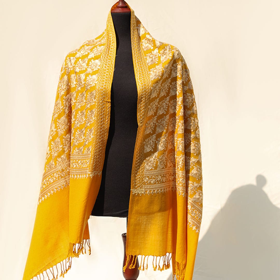 Maroon or Mustard pashmina wool shawl/scarf with light gold & silver handmade machine embroidery across the entire shawl; Intricate border e