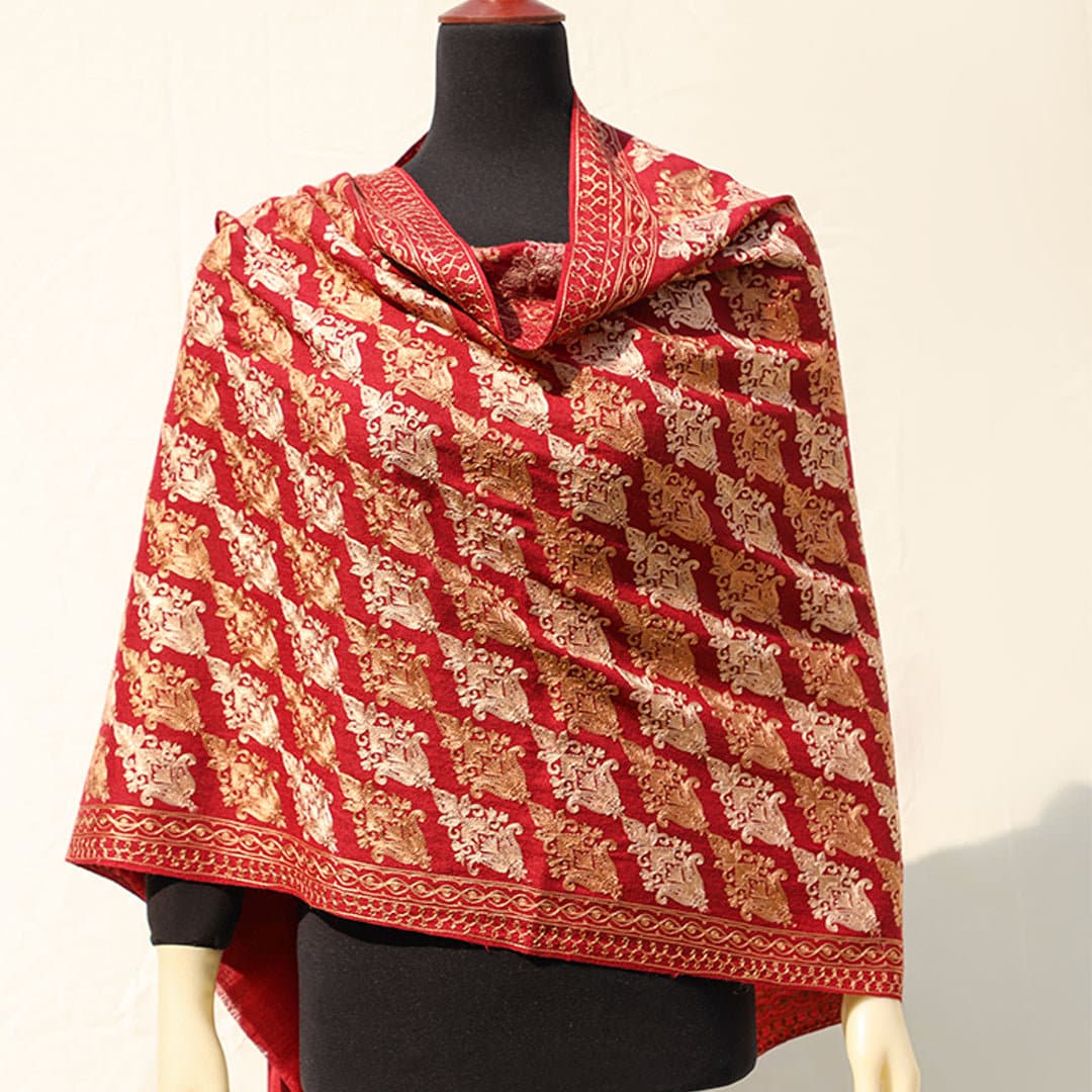 Maroon or Mustard pashmina wool shawl/scarf with light gold & silver handmade machine embroidery across the entire shawl; Intricate border e