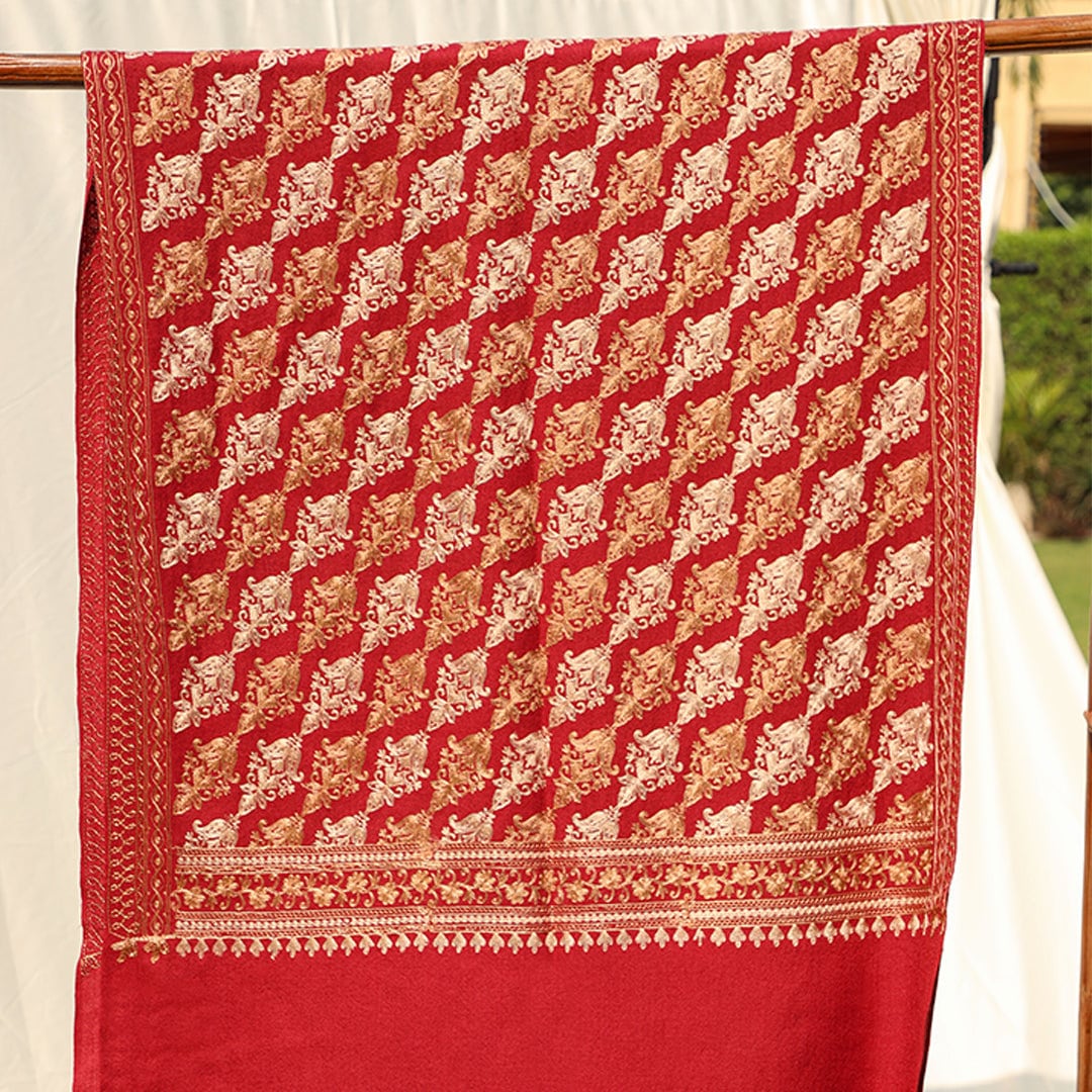 Maroon or Mustard pashmina wool shawl/scarf with light gold & silver handmade machine embroidery across the entire shawl; Intricate border e