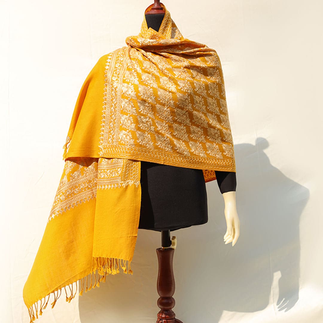 Maroon or Mustard pashmina wool shawl/scarf with light gold & silver handmade machine embroidery across the entire shawl; Intricate border e