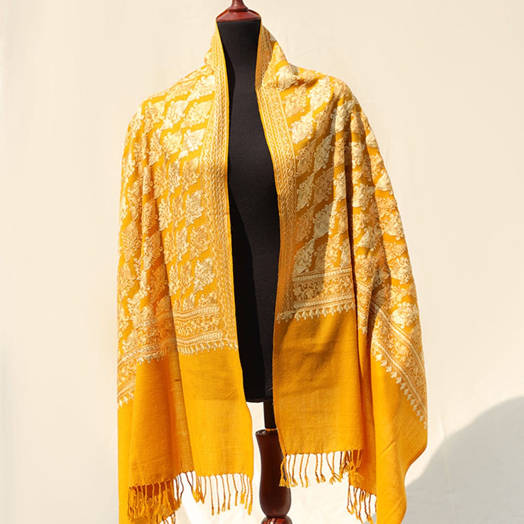 Maroon or Mustard pashmina wool shawl/scarf with light gold & silver handmade machine embroidery across the entire shawl; Intricate border e