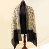 Black Fully embroidered pashmina shawl with paisley patterns using machine embroidery; Detailed rust & gold embroidery all across; full leng