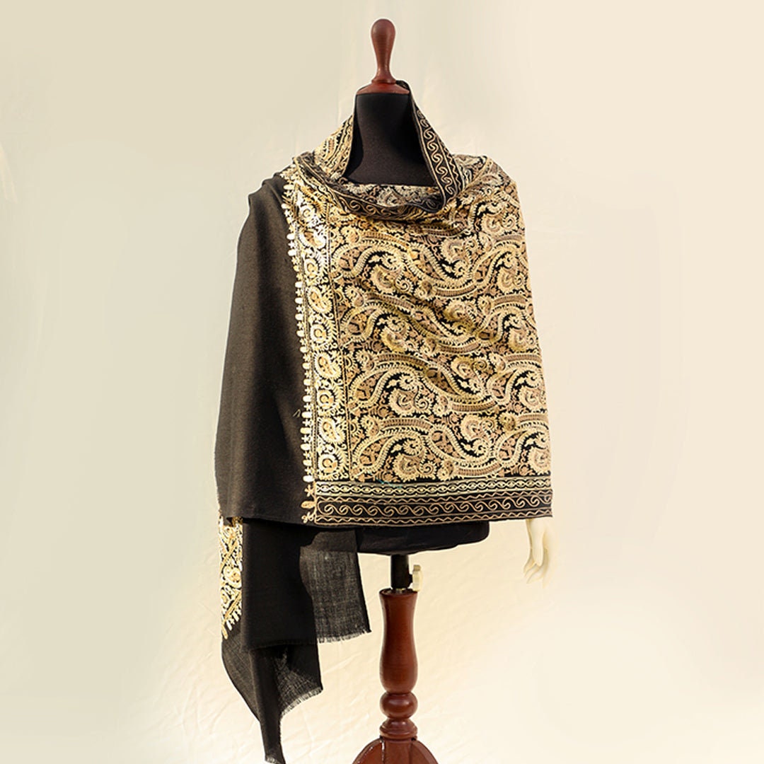 Black Fully embroidered pashmina shawl with paisley patterns using machine embroidery; Detailed rust & gold embroidery all across; full leng